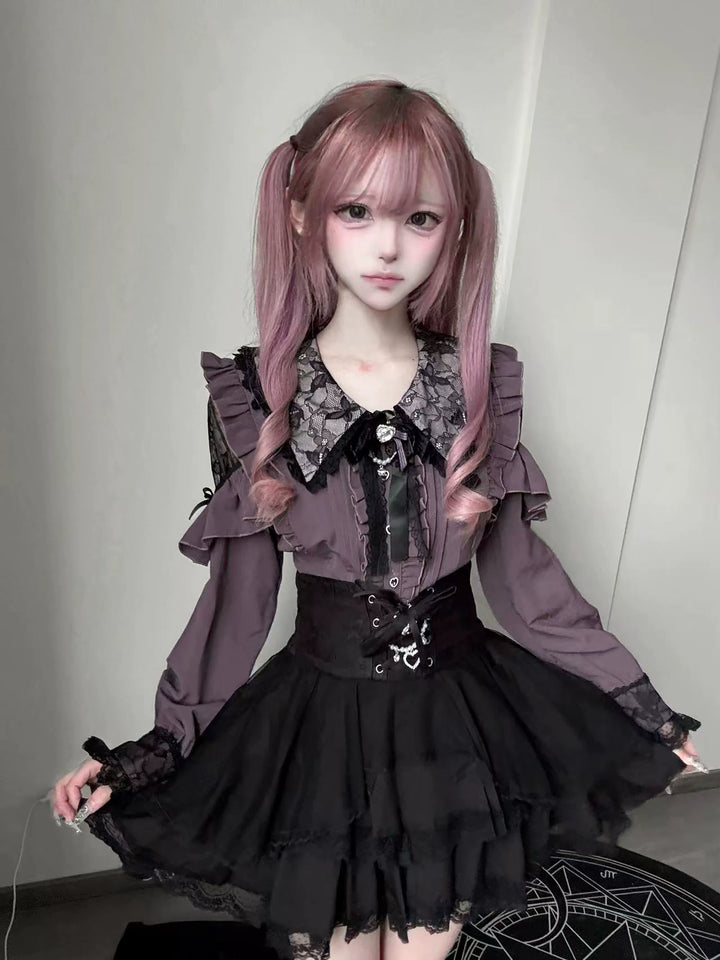 Jirai Kei Long Sleeve Blouse, Lace Open-Shoulder 44588:815103