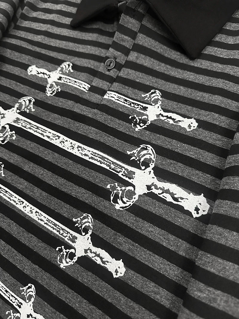 Gothic Striped Long Sleeve Polo Shirt, Carved Swords Print 46067:874785