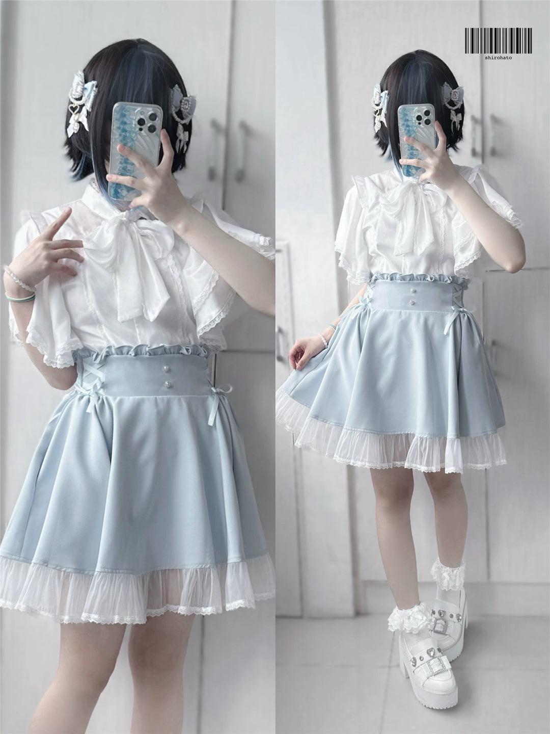 Ruffled Cape Sleeves Jirai Kei Blouse With Heart Pearl Buttons 43036:762550