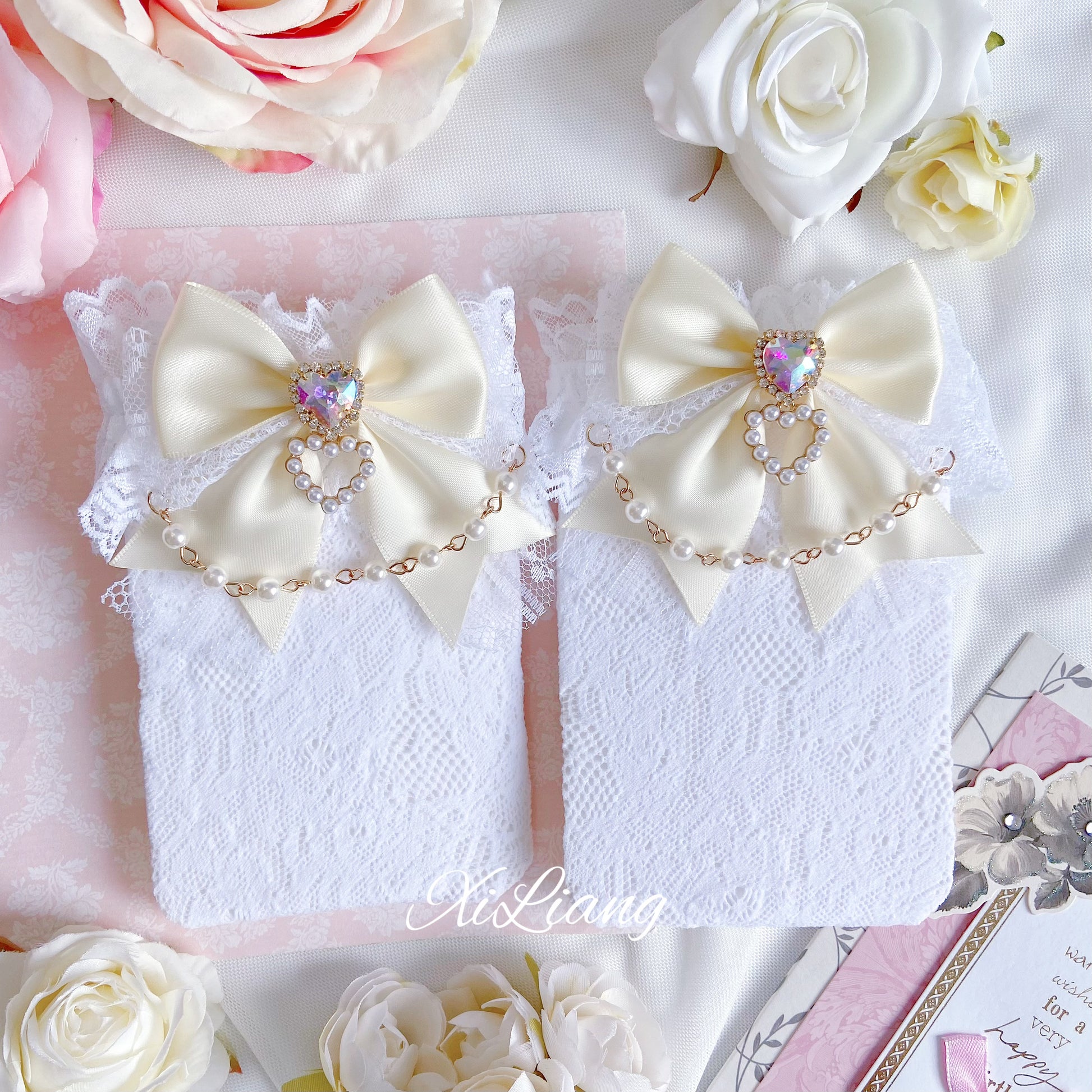 Jirai Kei Handmade Bow Pearl Heart Lolita Lace Socks 28904:326724