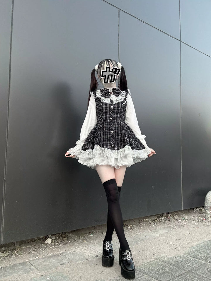 Jirai Kei Plaid Dress Set, Petal-Shaped Lace Hem 44765:825641