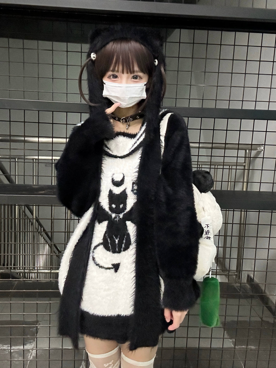 Jirai Kei Sweater Black White Devil Cat Sailor Collar Sweater 32632:409692