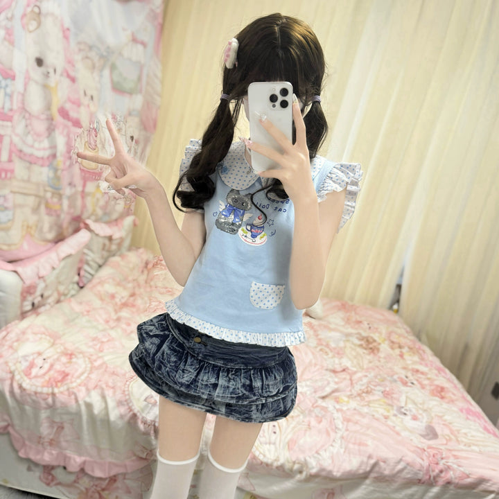 Kawaii T-shirt Cute Cat Print Top Flying Sleeve Shirt 38734:599636