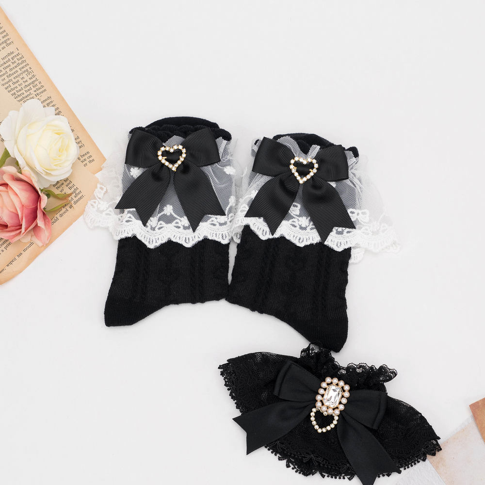 Jirai Kei Lace Cotton Socks With Heart Pattern (Black) 21576:311508