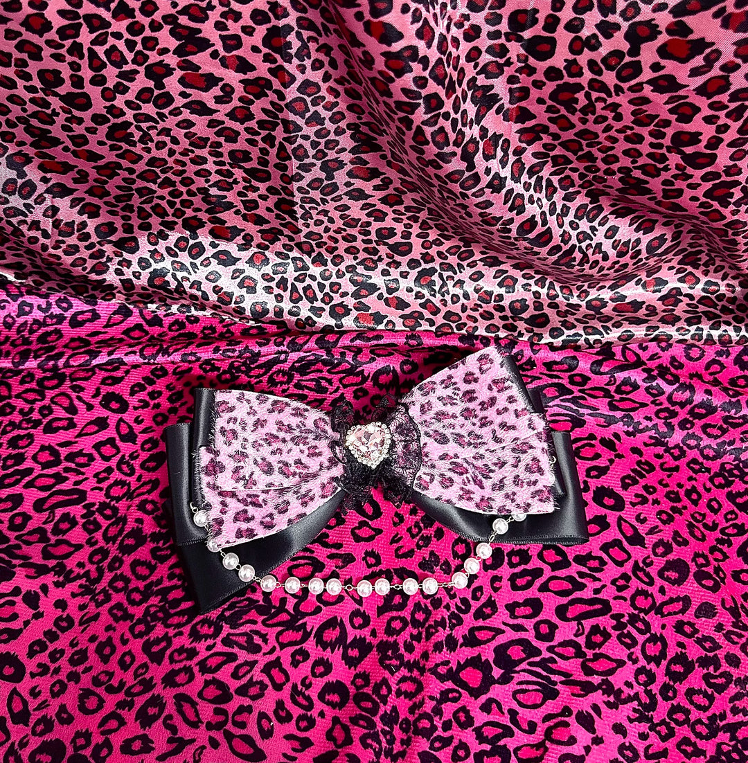 Gyaru Leopard Bow Hair Clip, Pearl Chain and Heart Rhinestone 45524:852173