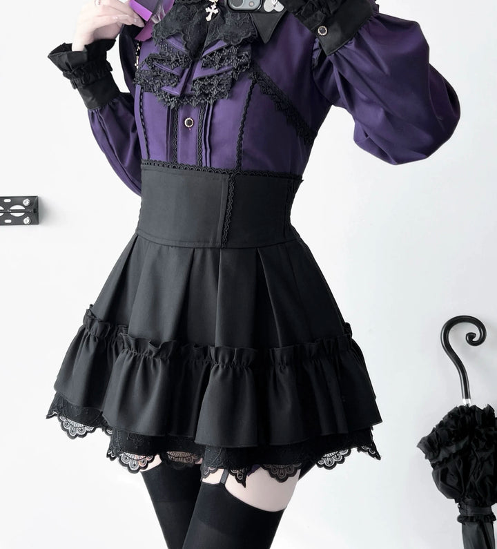 Jirai Kei High-Waist Skirt, Tiered Ruffles and Lace 44365:807242