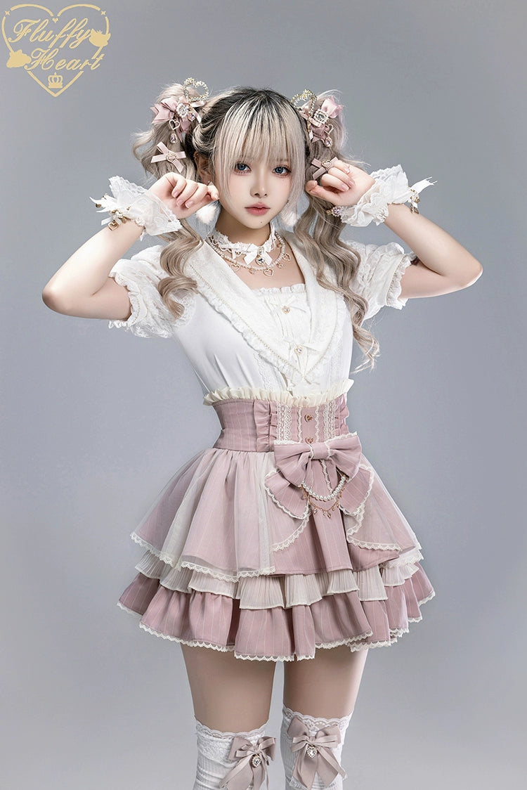 Striped High Waist Jirai Kei Skirt, Detachable Bow 43679:785987