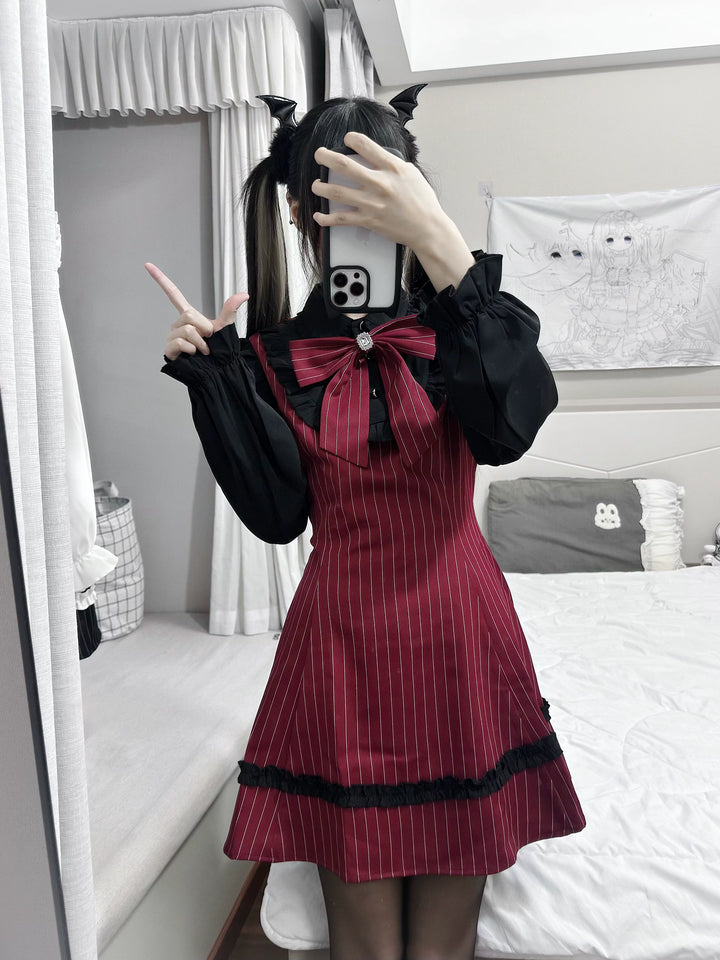 Jirai Kei Striped Long-Sleeve Dress, Detachable Bow 45797:864468