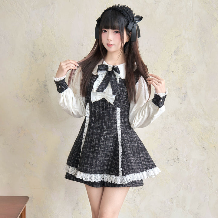 Winter Jirai Kei Dress Set Black Plaid Dress And Shorts Set 41406:701014