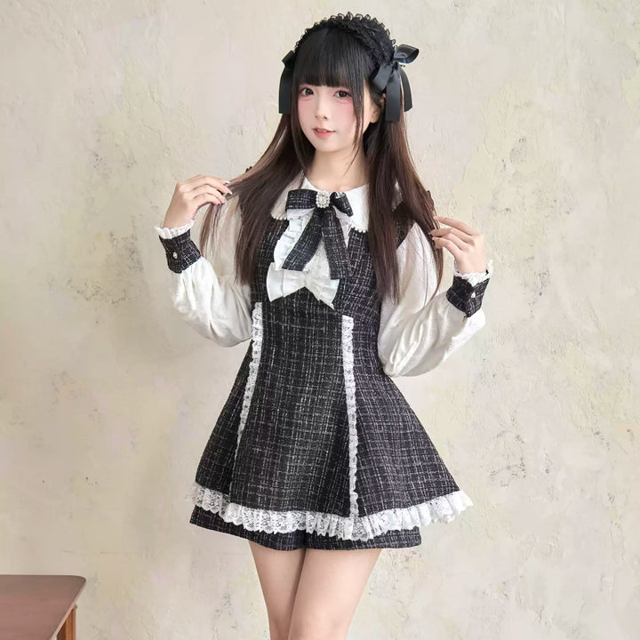 Winter Jirai Kei Dress Set Black Plaid Dress And Shorts Set 41406:701008