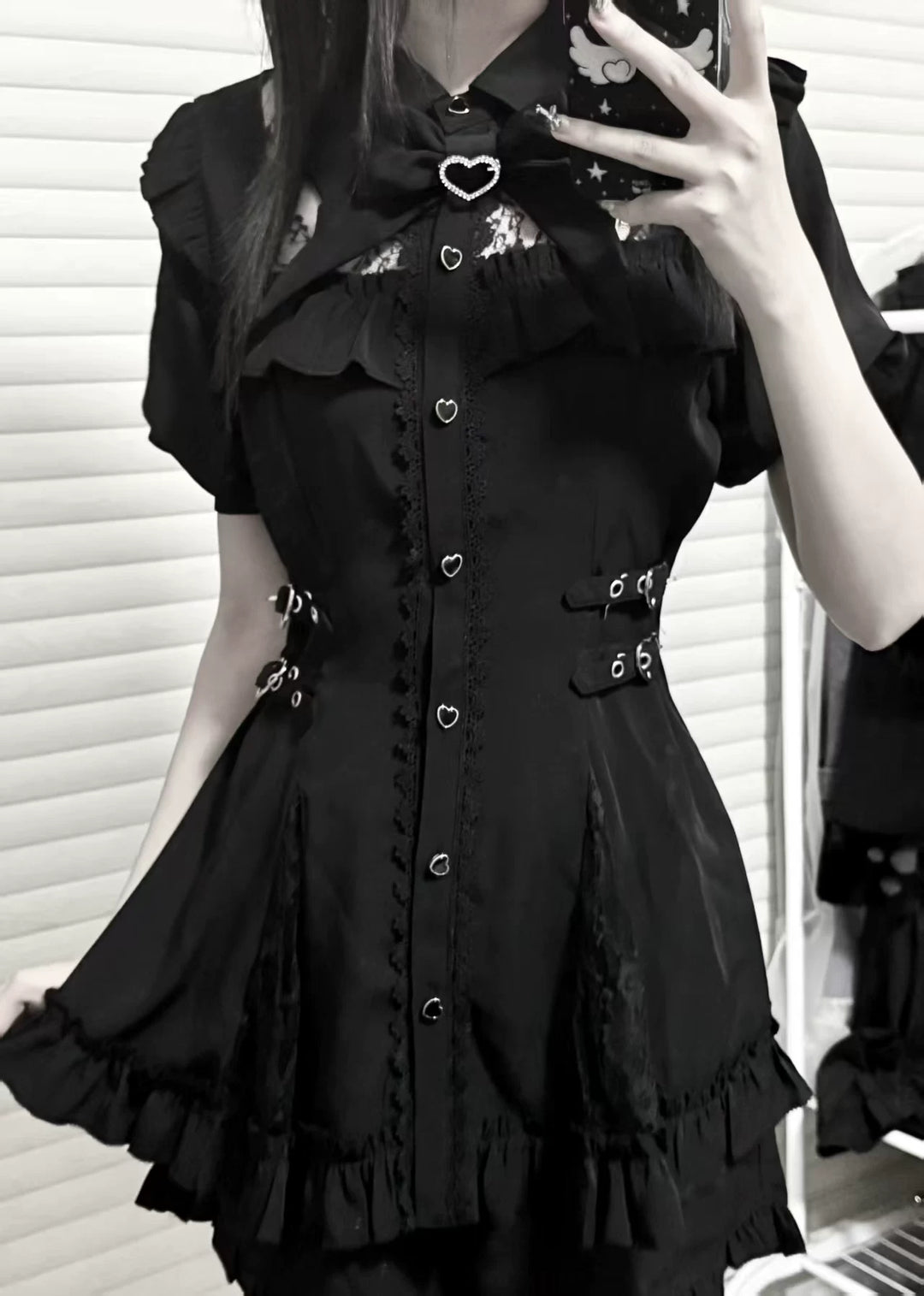 Black Jirai Kei Set Up, Sheer Lace Neckline 45747:861635