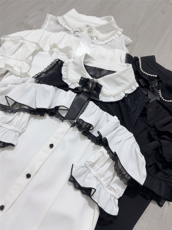 Jirai Kei Open Shoulder Lace Blouse, Pearl-Decorated Peter Pan Collar 43328:773842