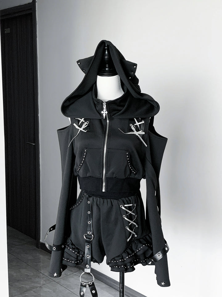 Gothic Hooded Crop Jacket & Shorts Set, Cat Ear (L S) 46064:874082
