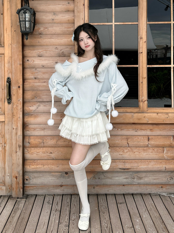 Sweet Blue One-Shoulder Sweater & White Tiered Skirt 43935:790929