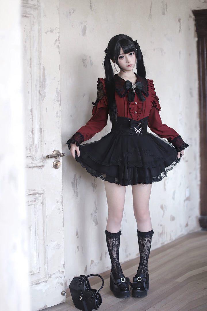 Jirai Kei Long Sleeve Blouse, Lace Overlay and Heart Buttons 44589:815156