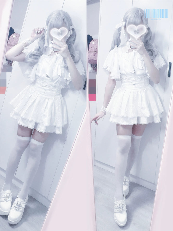 Ruffled Cape Sleeves Jirai Kei Blouse With Heart Pearl Buttons 43036:762560