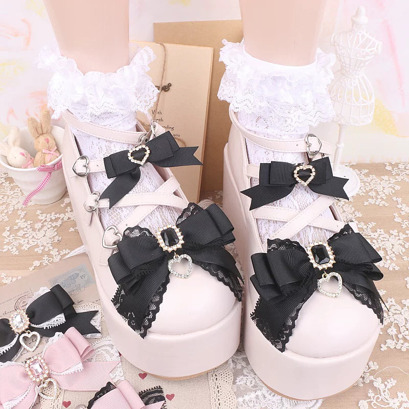 Jirai Kei Bowknot Shoe Clips, Heart Rhinestones 45069:833667