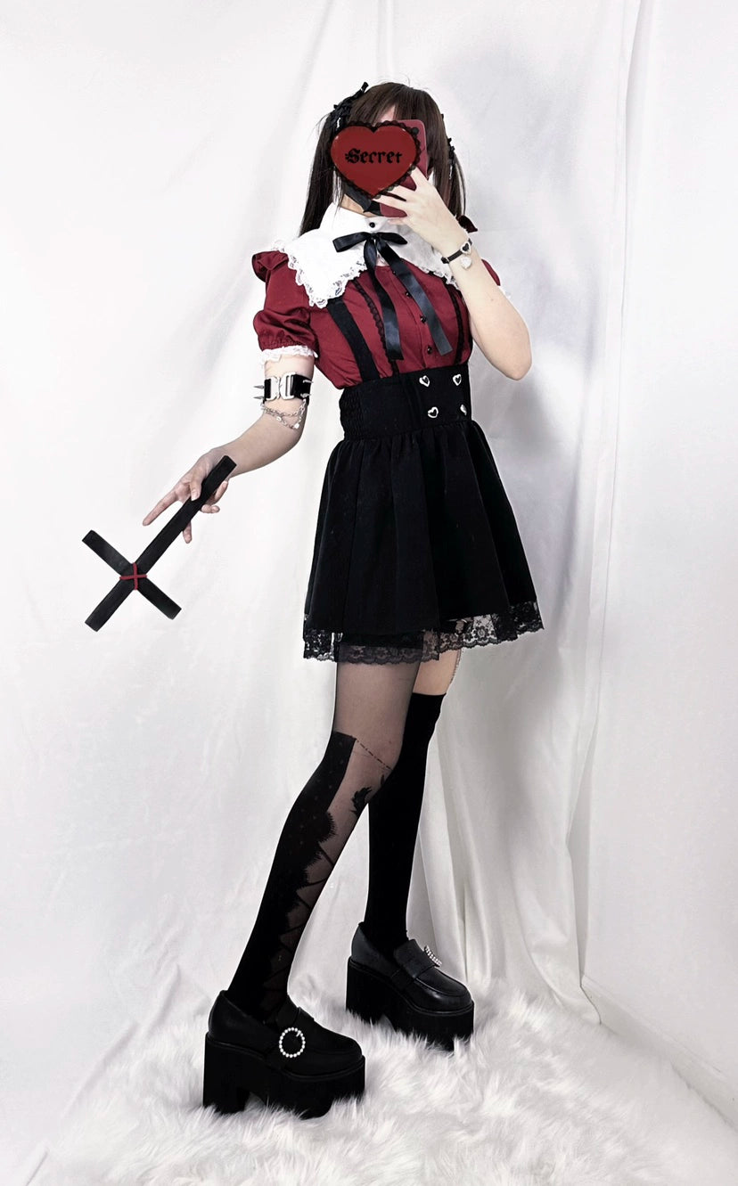 Jirai Kei Red Blouse Heart Buckle Belt Skirt 21728:367072