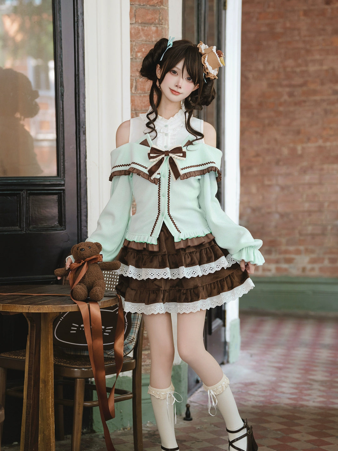 Sweet Open-shoulder Sweater, Vintage Skirt 44077:795825