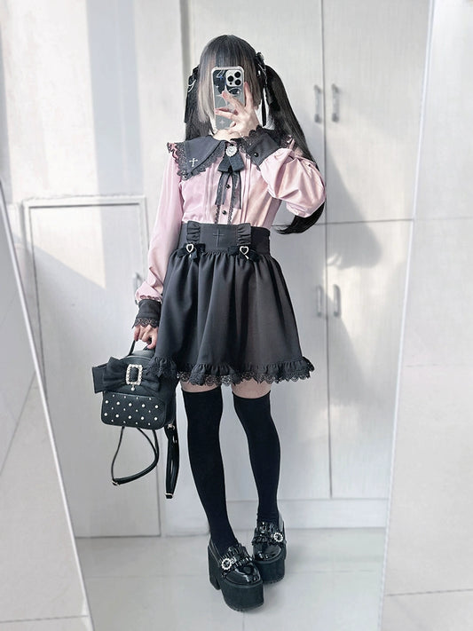 Jirai Kei Set Black Pink Sailor Collar Blouse Cross Skirt (L M S XL) 37666:564508