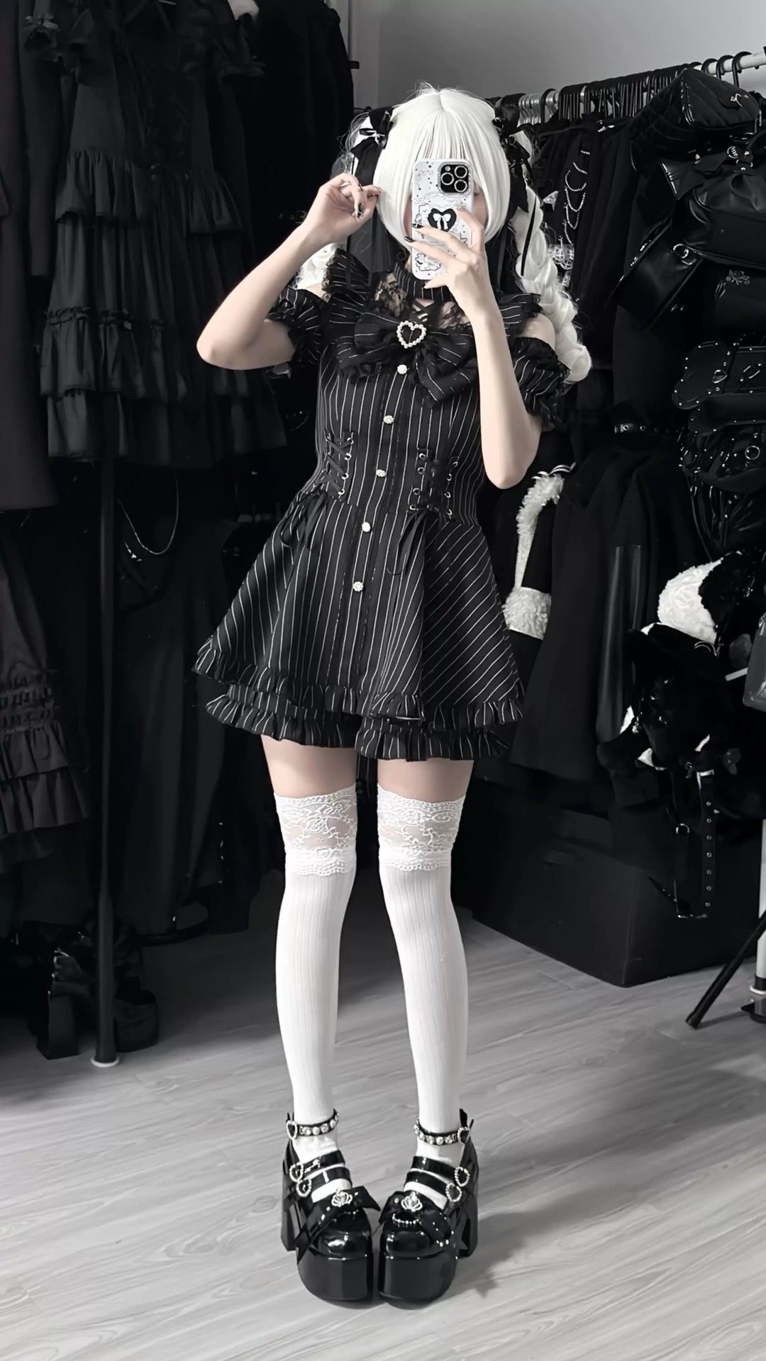 Jirai Kei Pure & Striped Black Dress, Open Shoulder 44960:834881