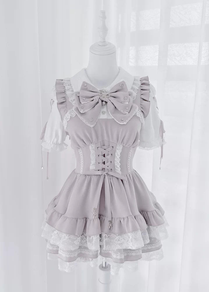Jirai Kei Lace Plaid Dress Set, Detachable Rhinestone Bow (L M S XL) 45700:860702
