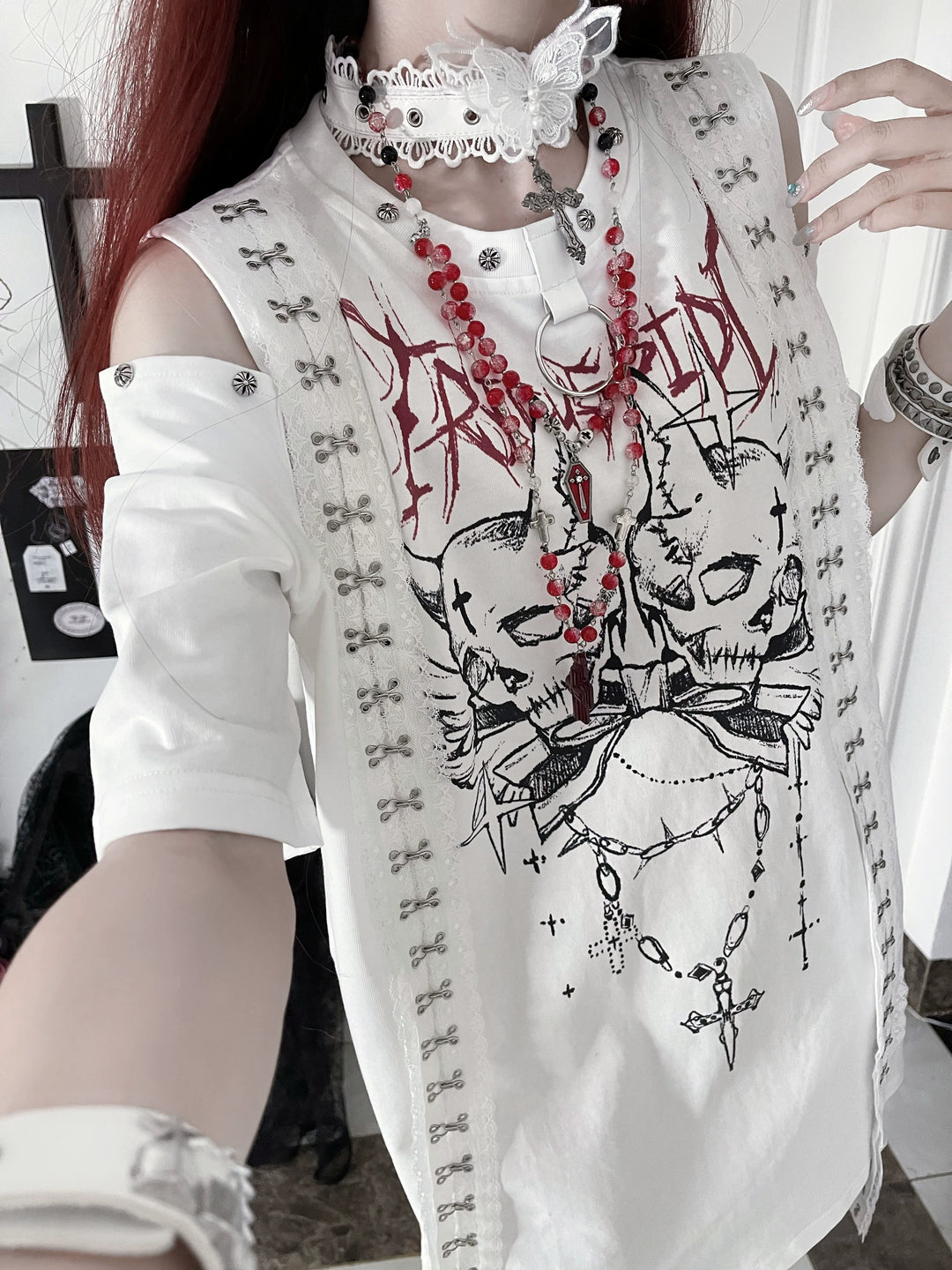 Open-Shoulder Subculture Cotton T-Shirt 43872:789422