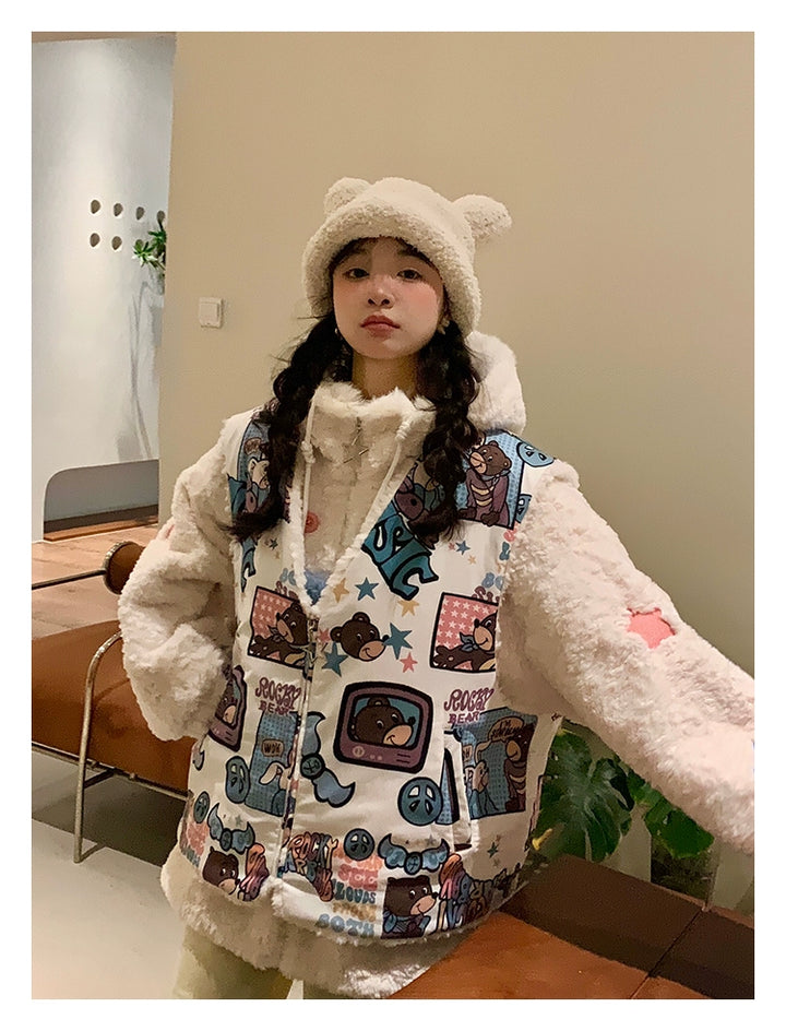 Kawaii Winter Coat Thickened Print Reversible Hooded Coat 39796:640900