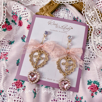 Jirai Kei Earrings Pink Black Lace Heart Cross Studs 35632:543648
