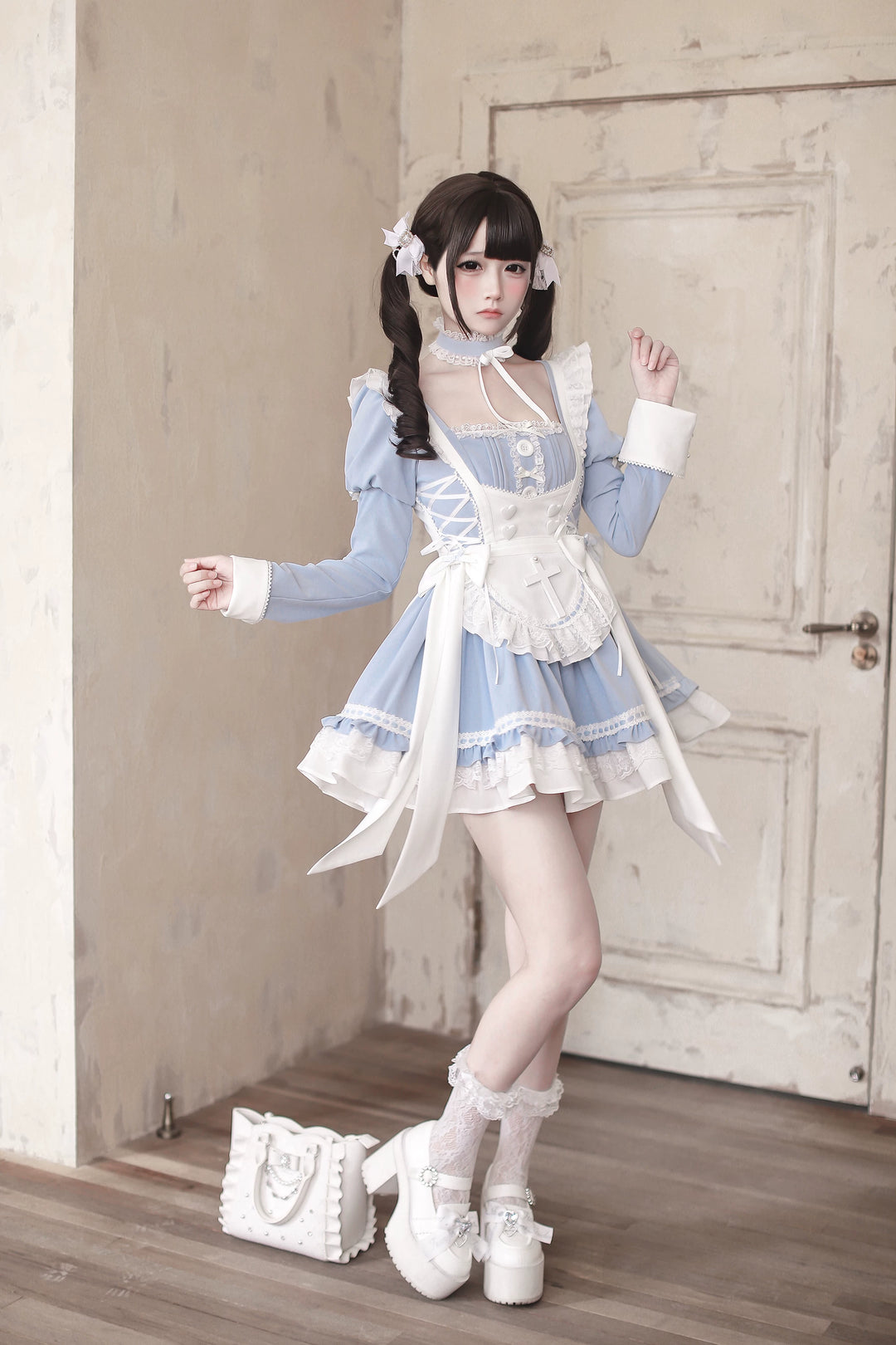 Ryousangata Water Blue Dress Set, Detachable Apron 44927:828864