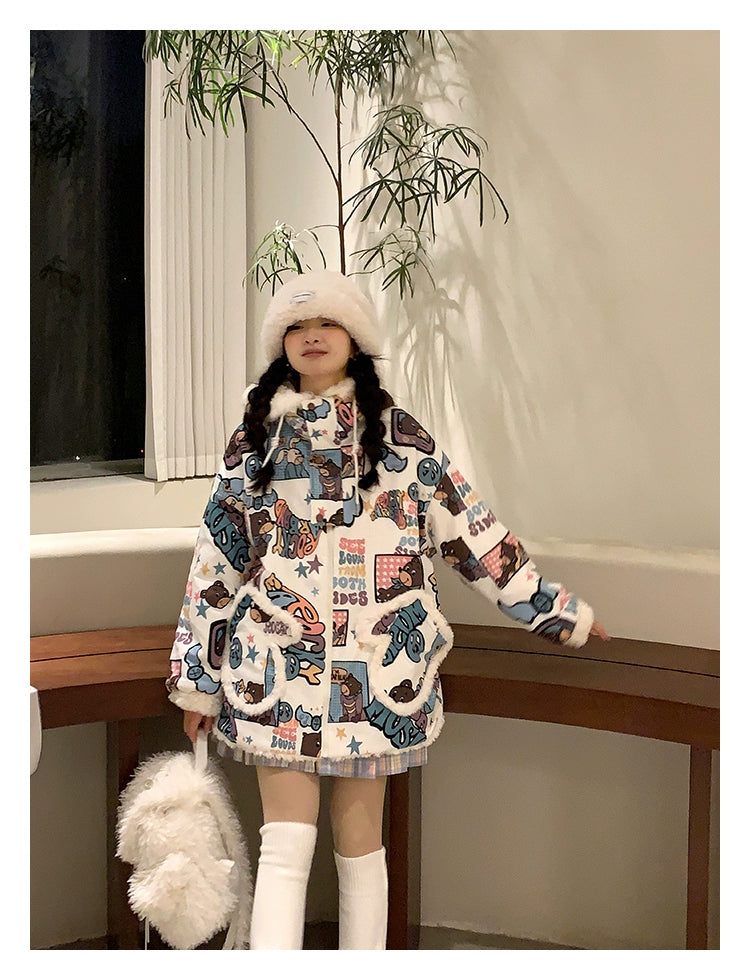 Kawaii Winter Coat Thickened Print Reversible Hooded Coat 39796:640936