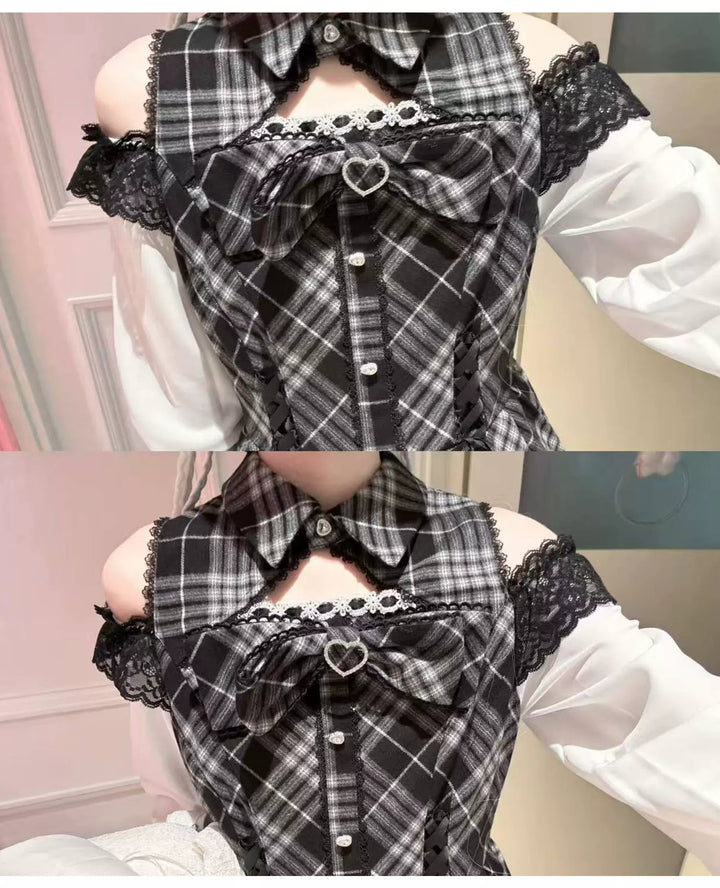 Jirai Kei Plaid Open-Shoulder Dress, Long Sleeves 46111:875348
