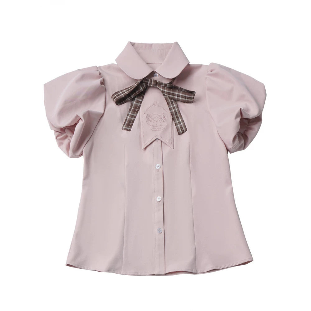 Academia Bubble Sleeve Blouse, Elastic Waist Suspender Skirt (L M S) 45875:866373