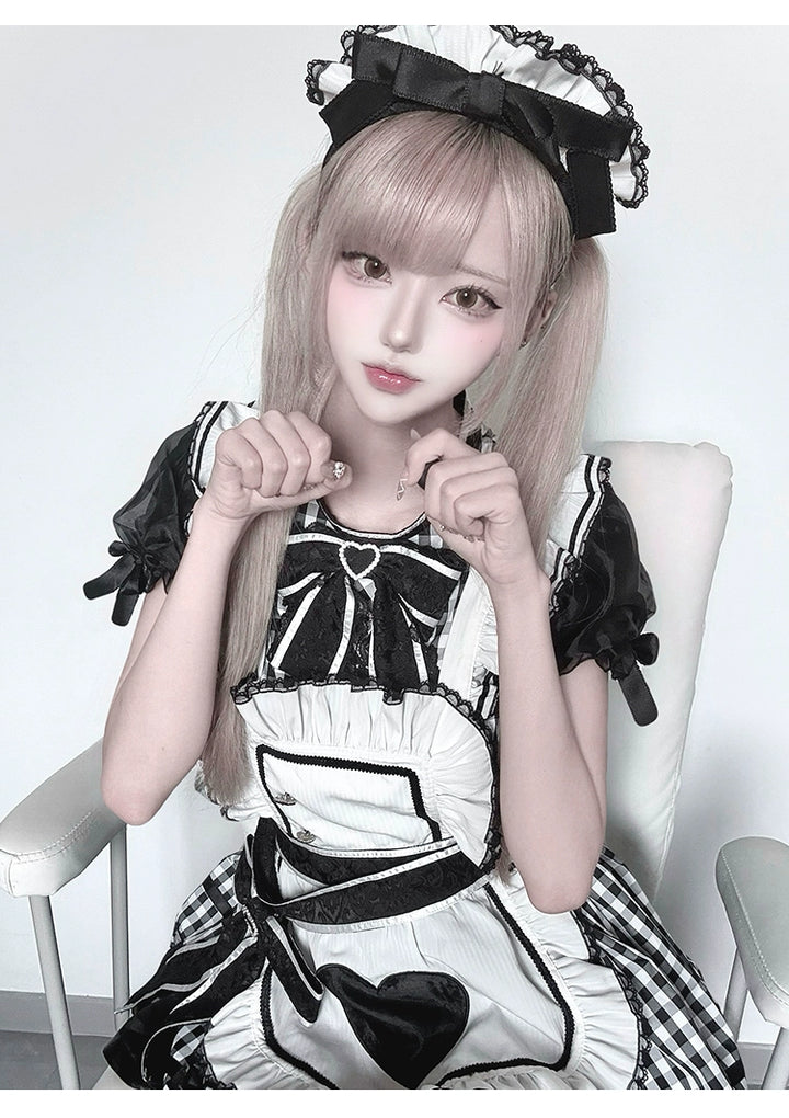 Plaid Jirai Kei OP Dress in Maid Style with Removable Apron 43004:763164