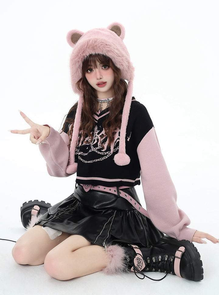 Y2K Sweater Gyaru V-neck Black-Pink Sweater For Winter 41790:713720