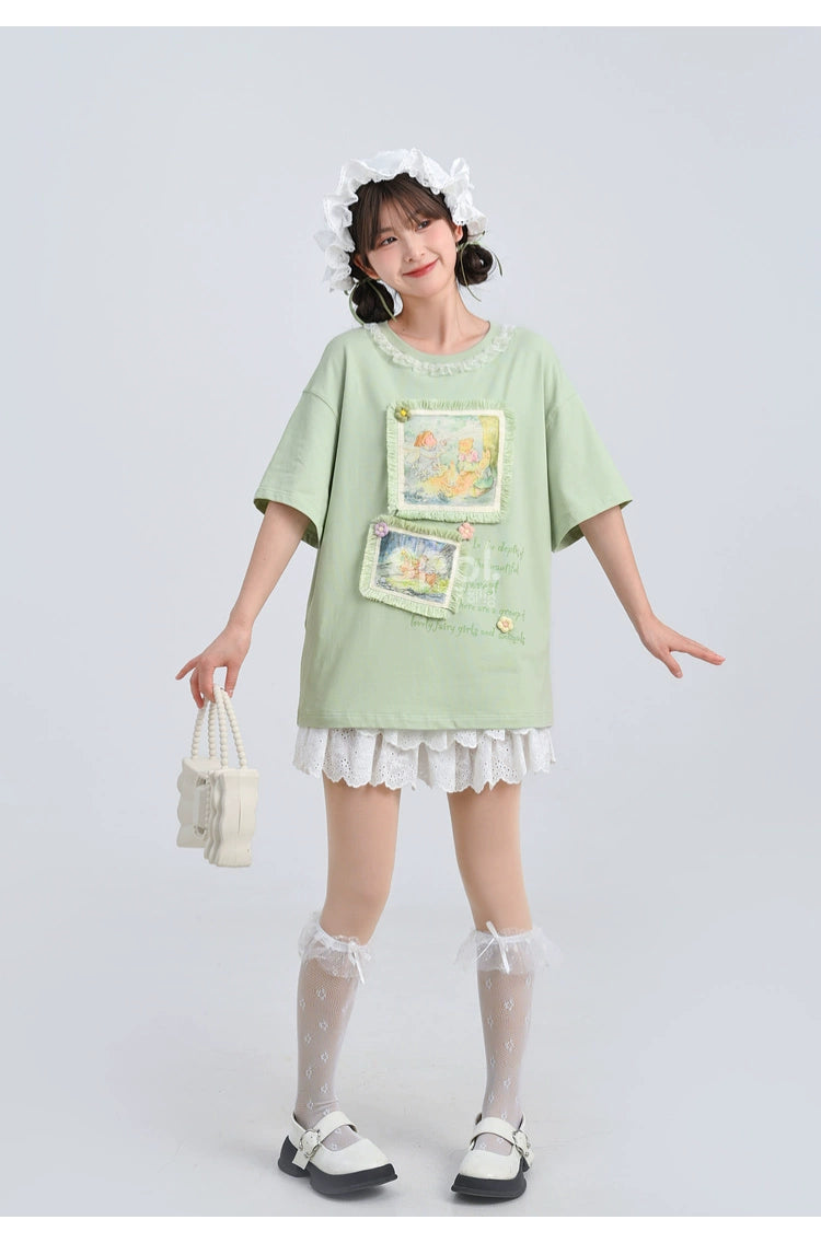 Mori Kei Shirt Short Sleeve T-shirt Round Neck Top 35892:545456 35892:545456