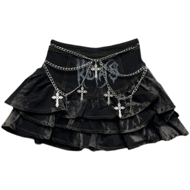 Gothic Puffy Skirt Subculture High Waist Denim Skirt 37472:560782