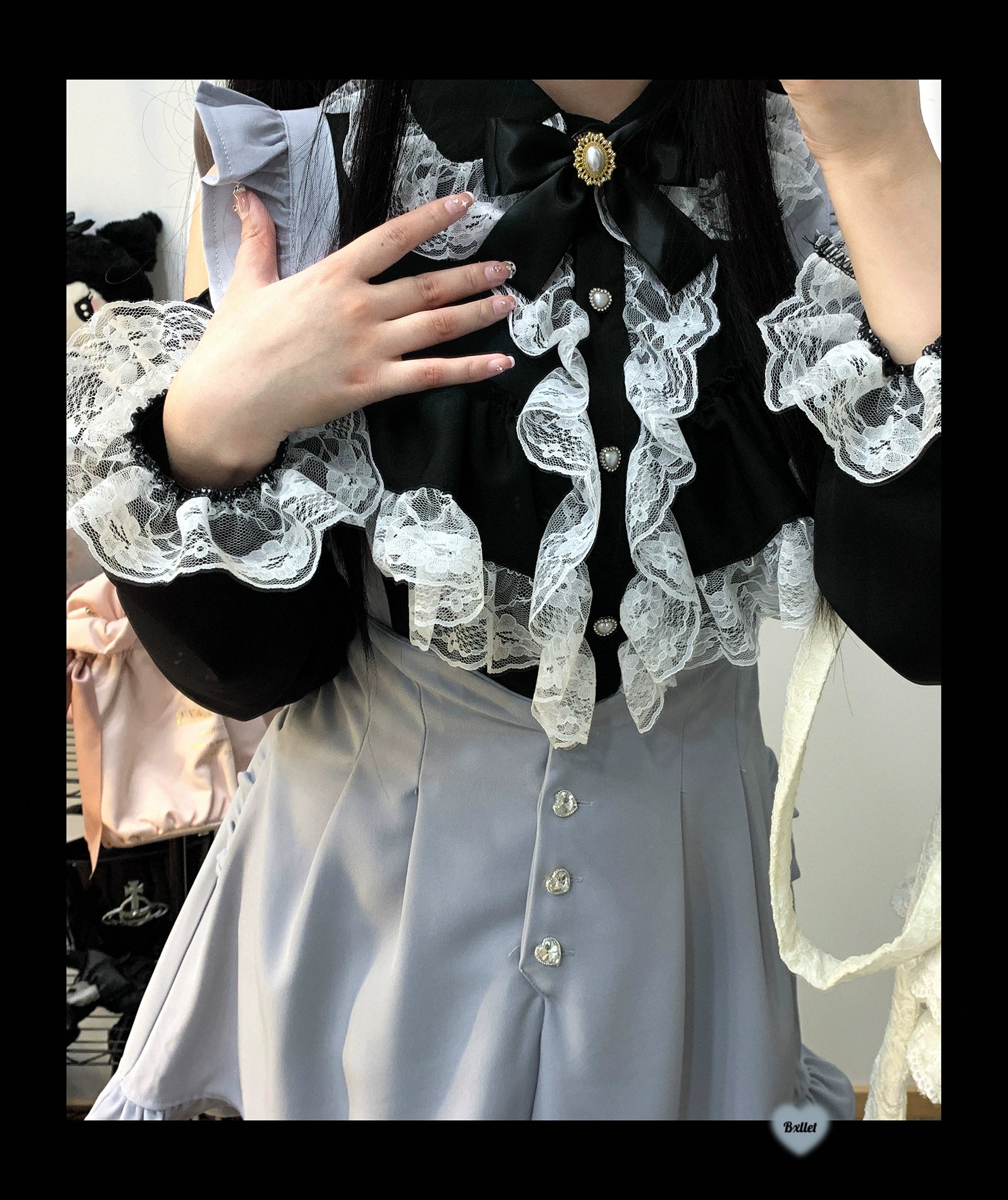 Jirai Kei Black White Blouse Double Layer Hollowed Sleeves Shirts 31856:372606