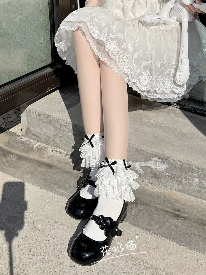 White Lolita Socks Bow And Lace Mid-Calf Cotton Socks 35630:500864 35630:500864