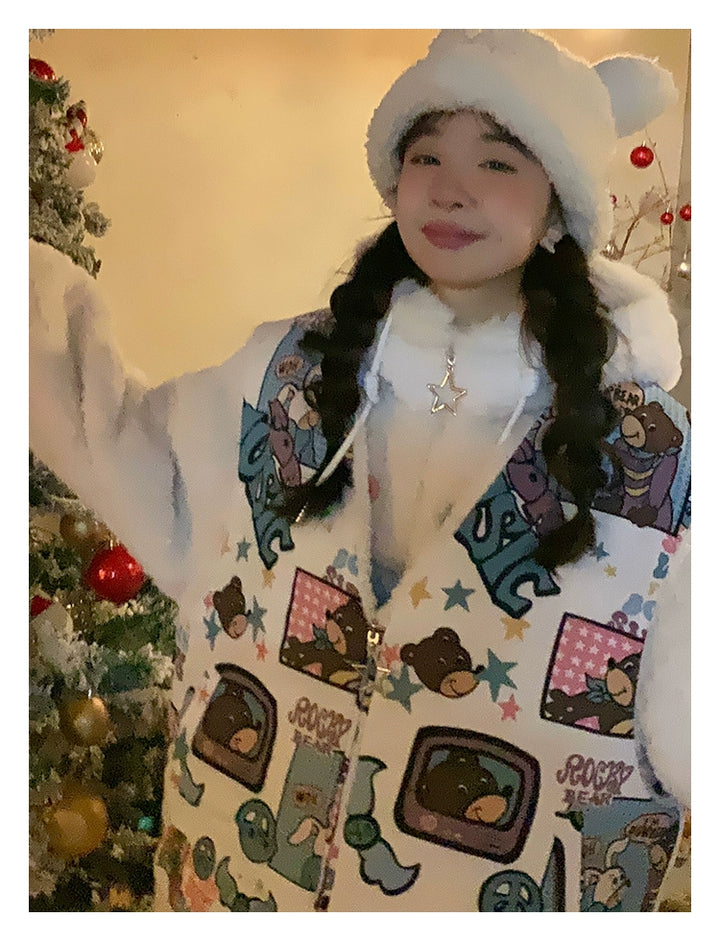 Kawaii Winter Coat Thickened Print Reversible Hooded Coat 39796:640920