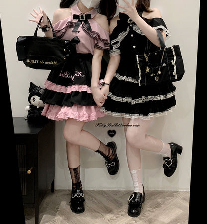 Jirai Kei Black And Pink Tiered Lace Skirt 21798:318536
