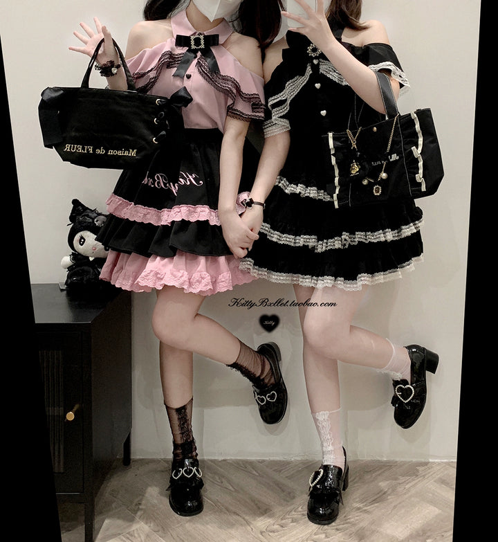 Jirai Kei Black And Pink Tiered Lace Skirt 21798:318536 21798:318536