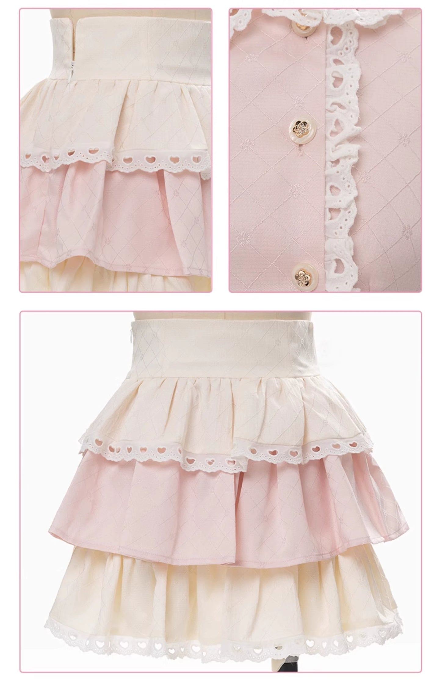 Kawaii Pink Outfit Set Sweet Tiered Skirt Set 37546:576764