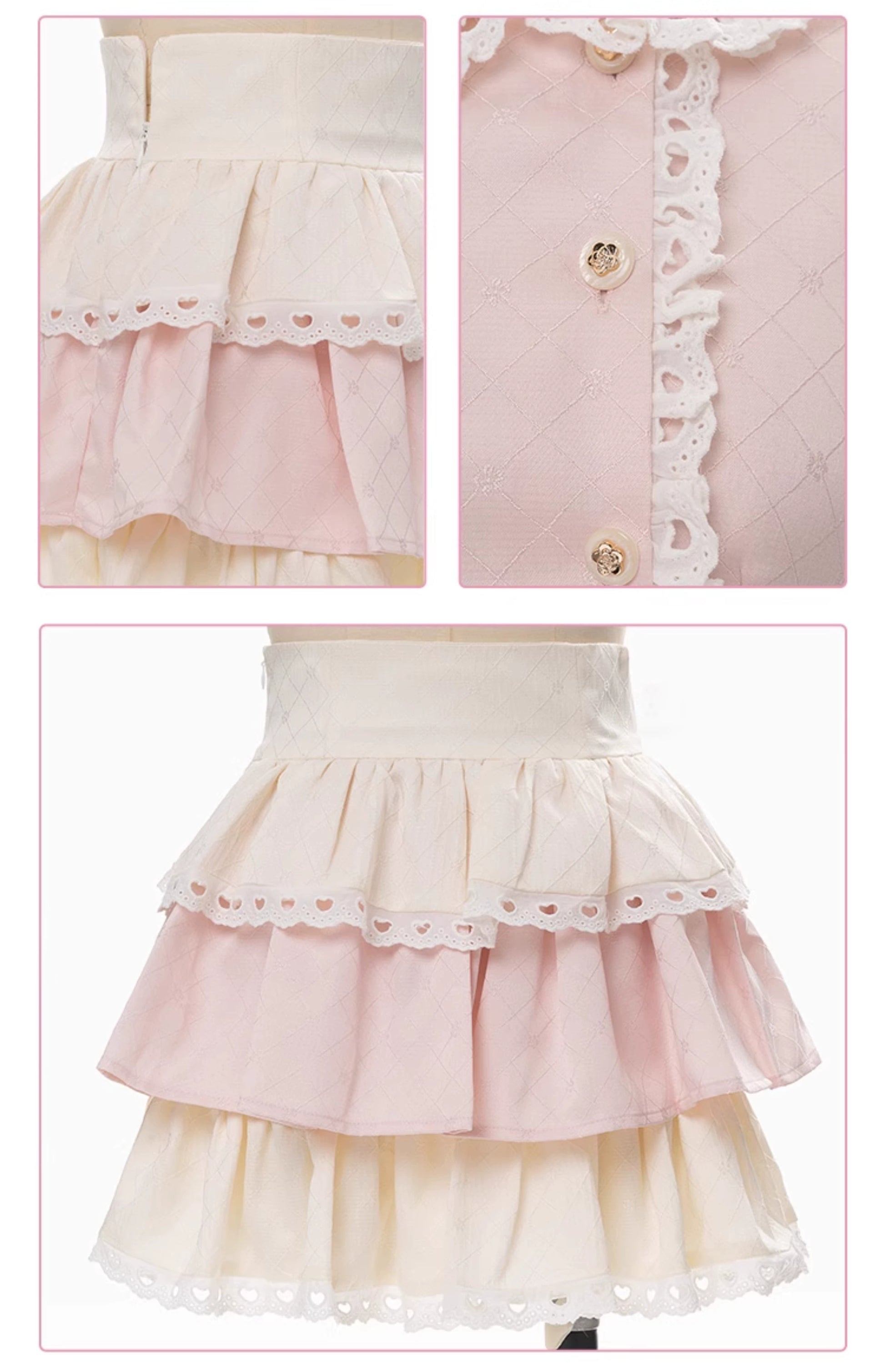 Kawaii Pink Outfit Set Sweet Tiered Skirt Set 37546:576764