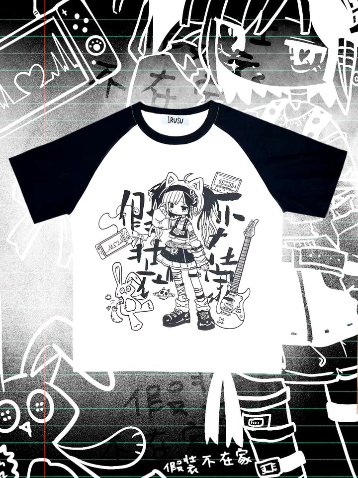 Subculture Shirt Black White Raglan Sleeve T-shirt Anime Top (L M) 37742:579300