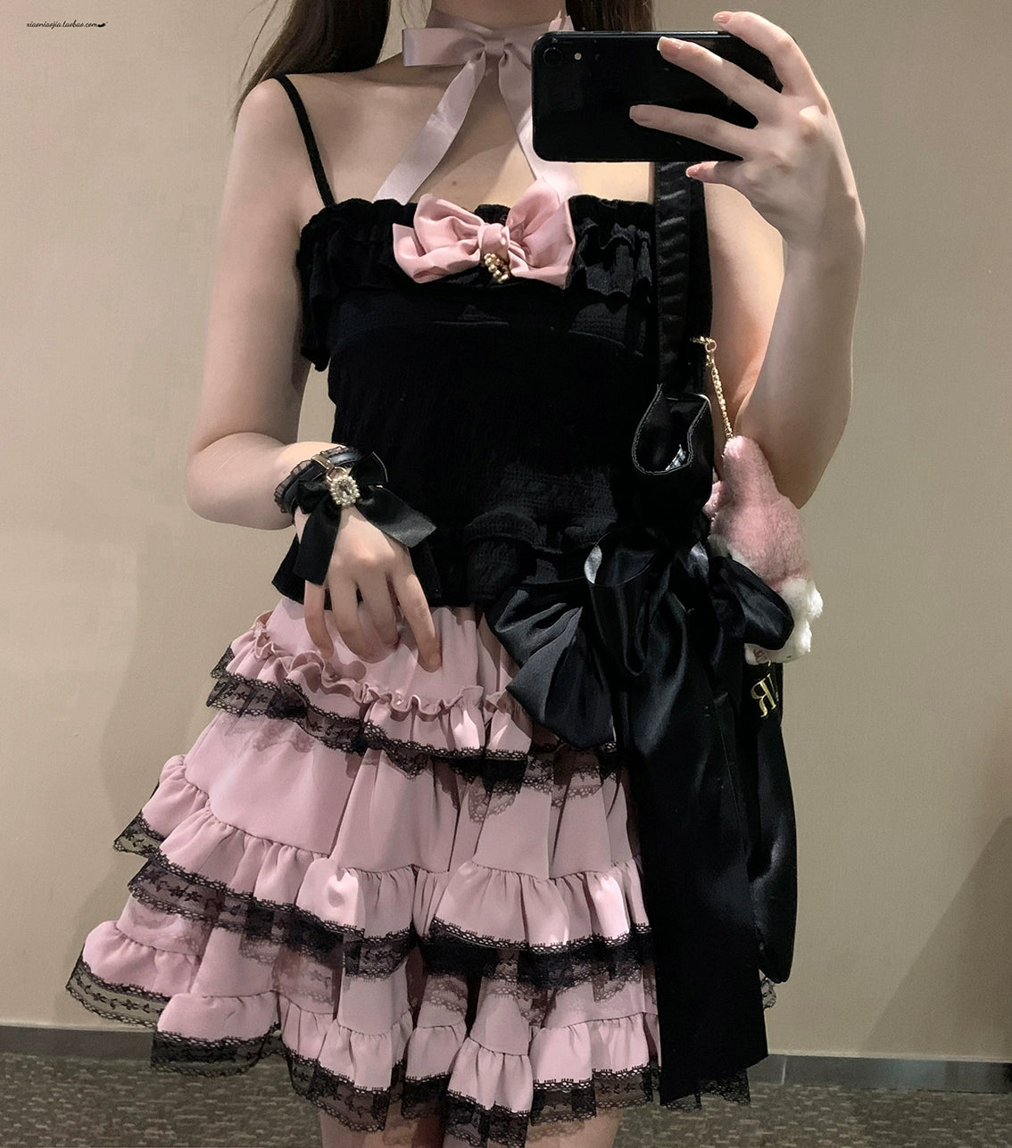 Jirai Kei Black And Pink Tiered Lace Skirt 21798:318512