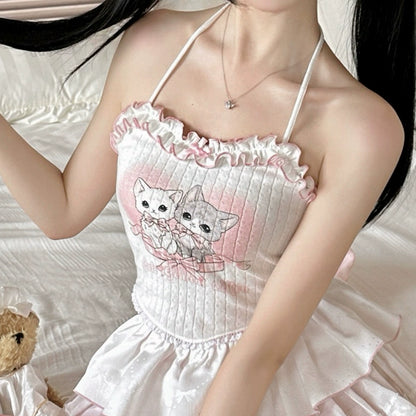 Ryousangata Skirt Set Pink Cardigan White Straps Top (Top / L M S XS) 37008:548356