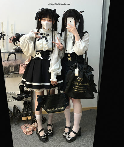 Jirai Kei White Black Blouse Lace Standing Collar Long Sleeved Shirt 31852:372706