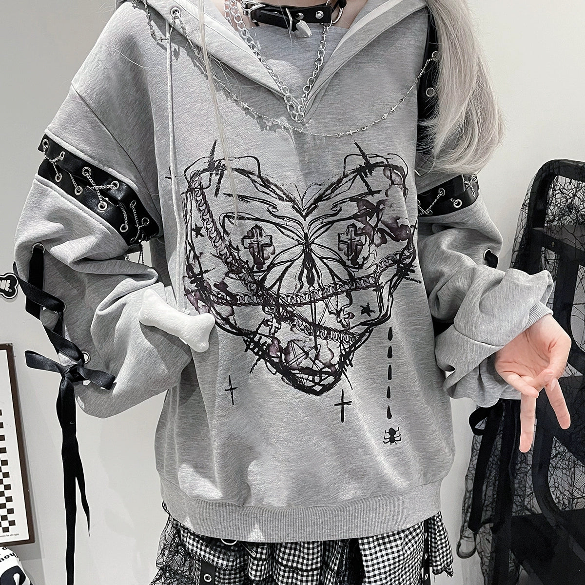 Jirai Kei Outfit Set Gothic Sailor Collar Sweatshirt Set 35762:517432