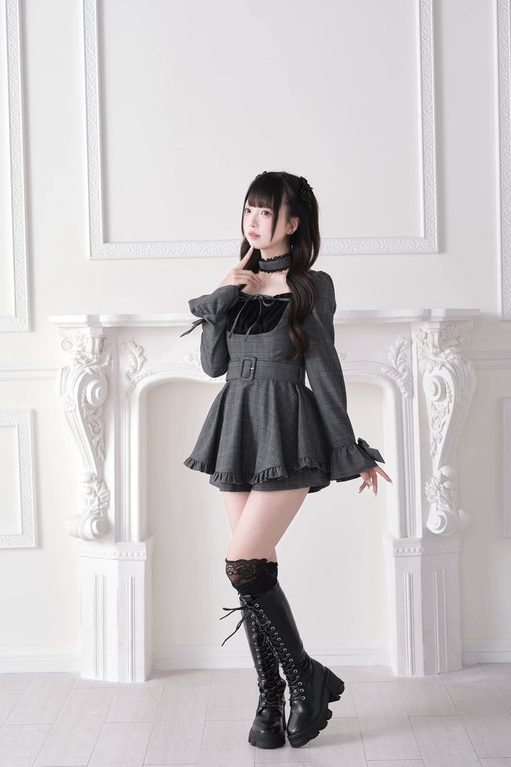 Jirai Kei Plaid Dress and Shorts Set, Lace Trim Choker 44689:819284